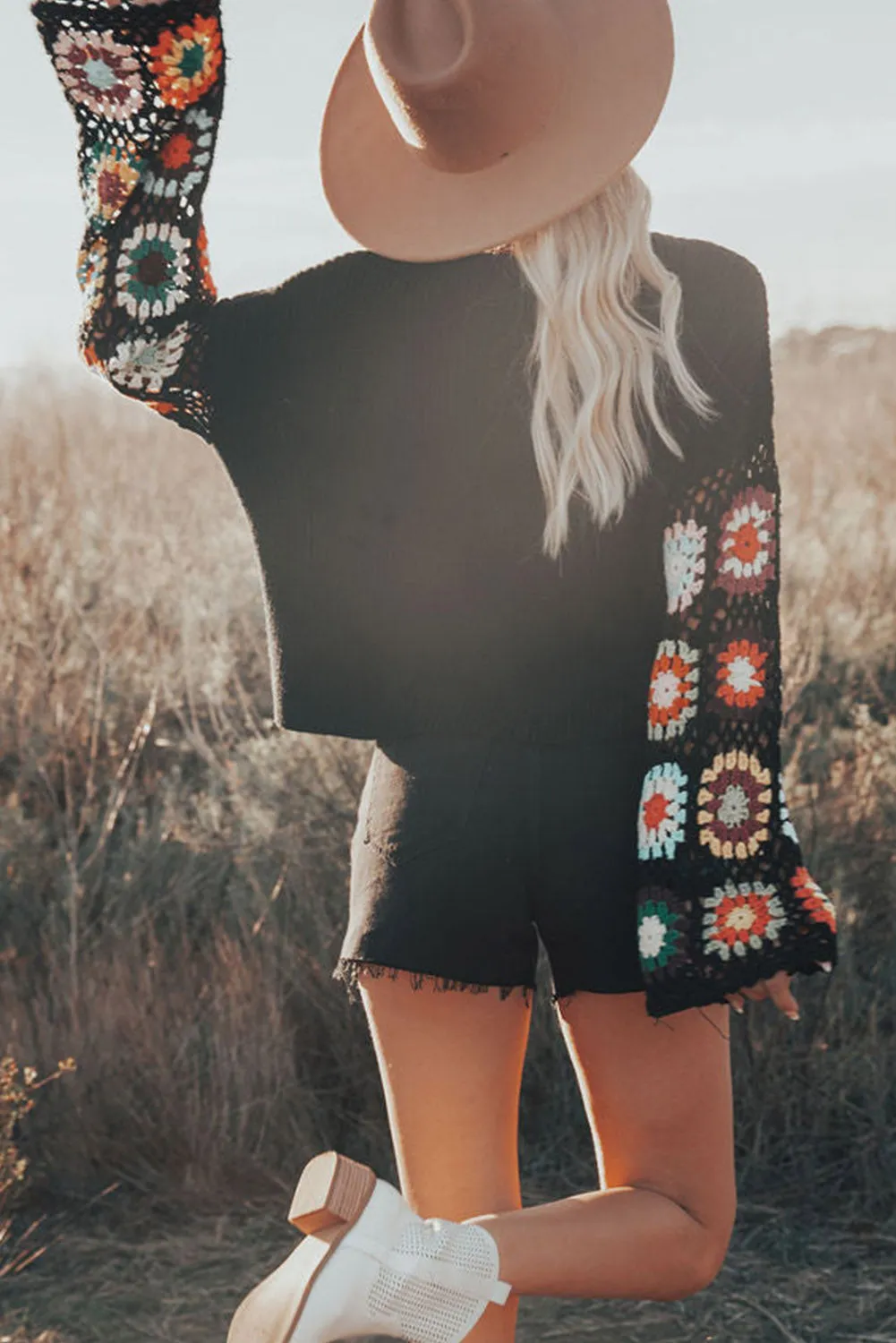 Black Floral Crochet Bell Sleeve Loose Sweater