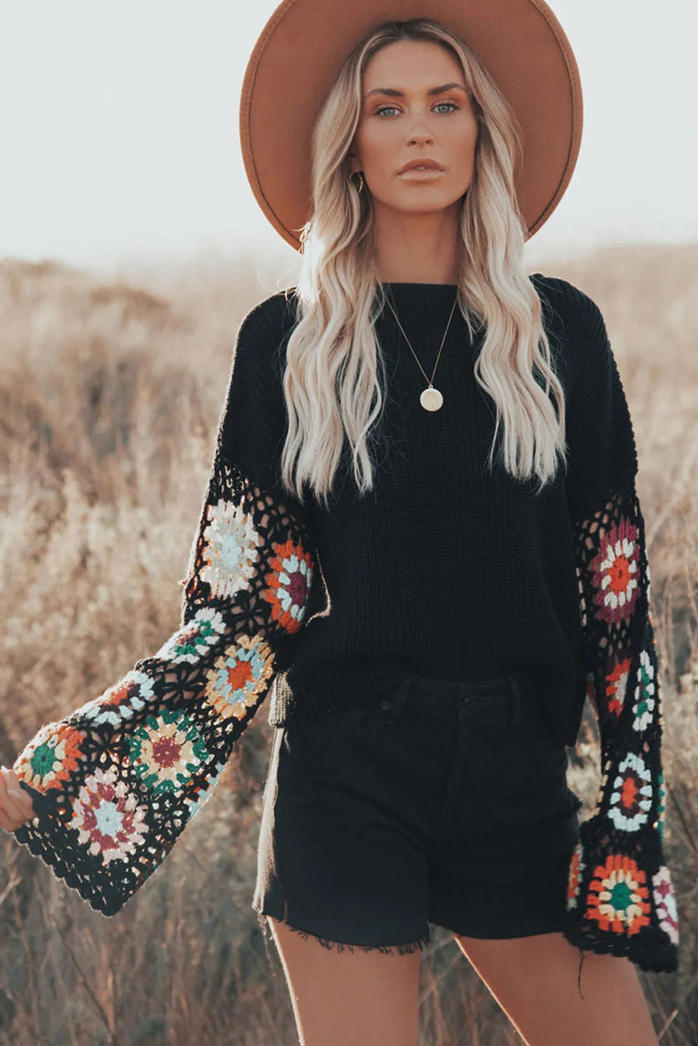 Black Floral Crochet Bell Sleeve Loose Sweater