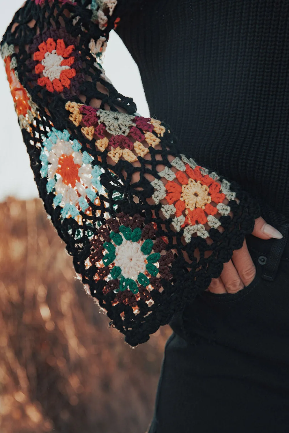 Black Floral Crochet Bell Sleeve Loose Sweater