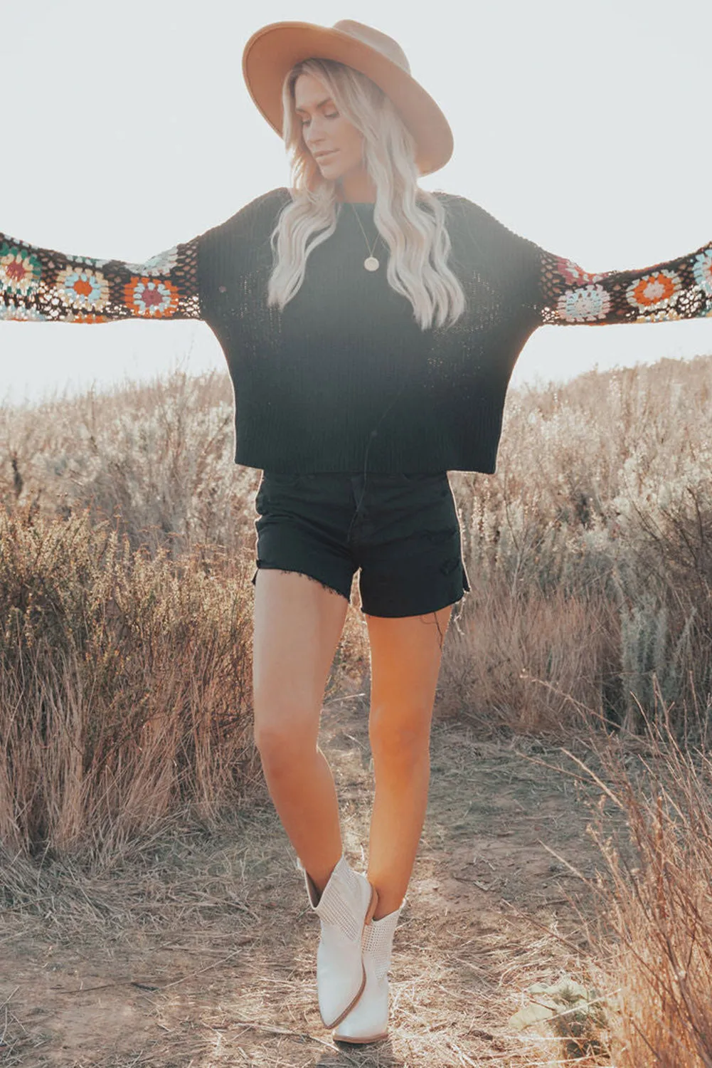 Black Floral Crochet Bell Sleeve Loose Sweater