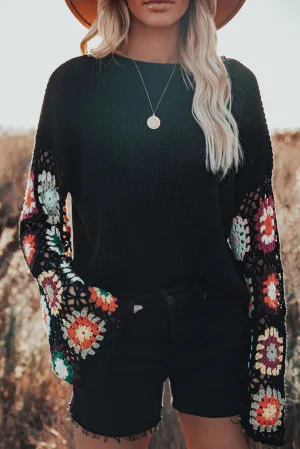 Black Floral Crochet Bell Sleeve Loose Sweater