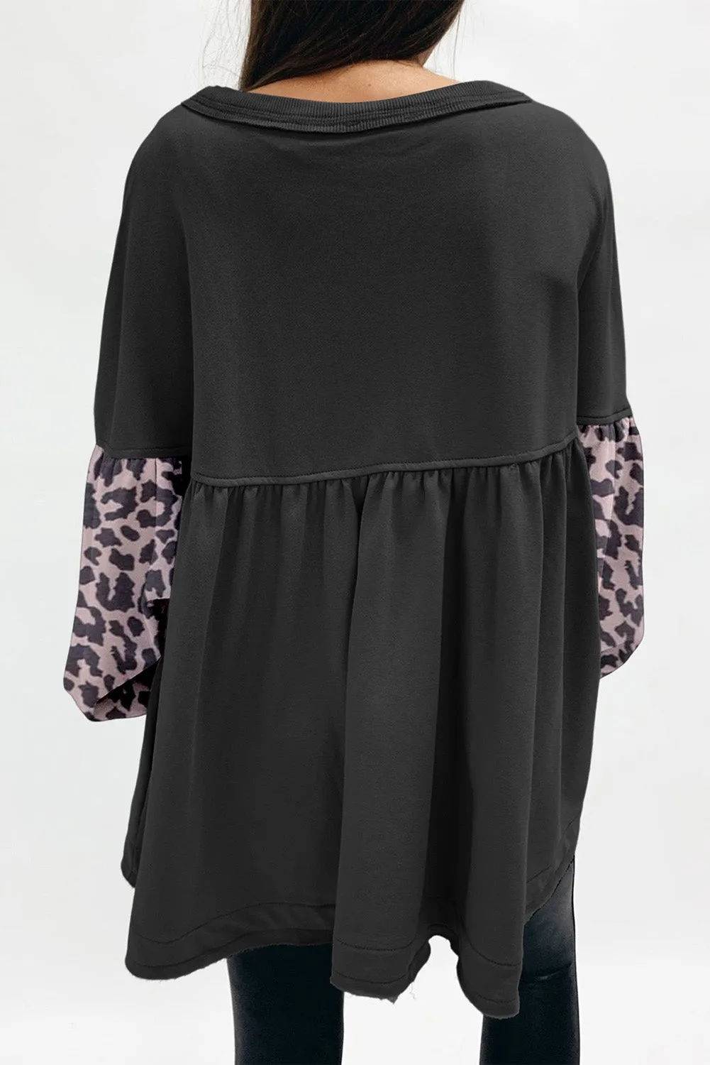 Black Leopard Splicing Sleeve Ruffle Loose Sweatshirt