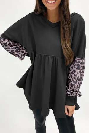 Black Leopard Splicing Sleeve Ruffle Loose Sweatshirt