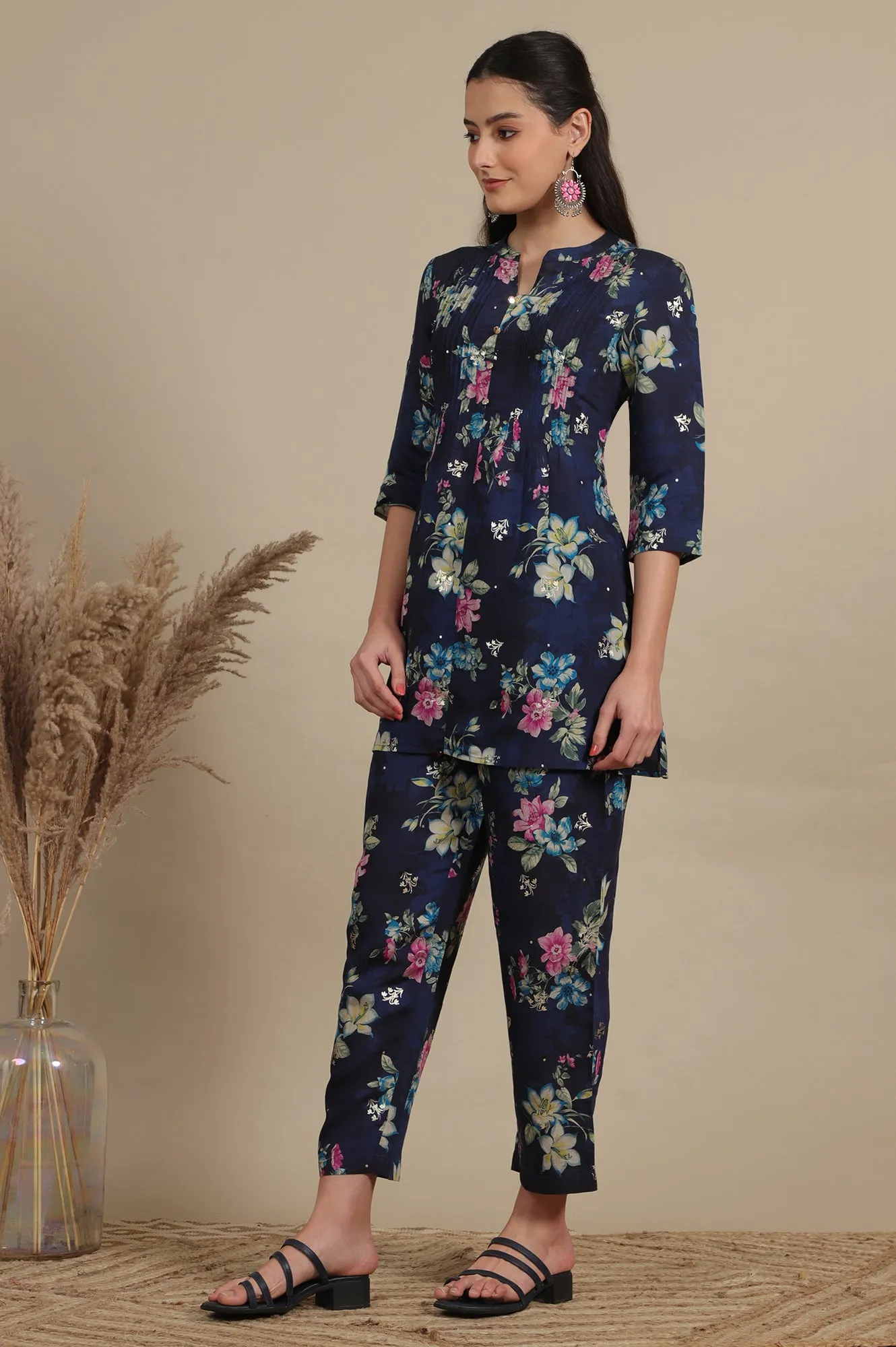 Blue Bold Floral Printed A-line Kurta and Pants Co-ord Set