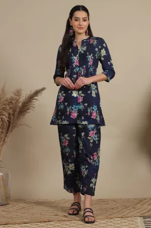 Blue Bold Floral Printed A-line Kurta and Pants Co-ord Set