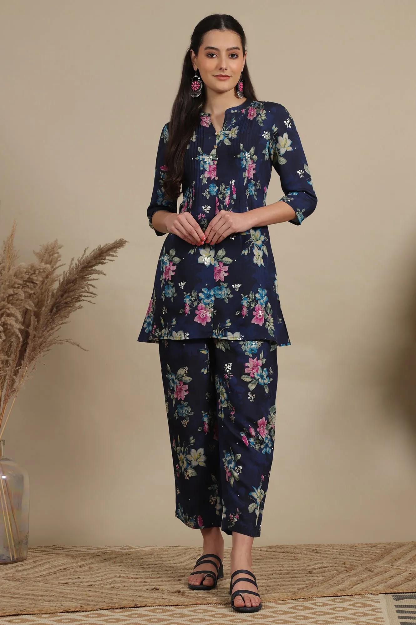 Blue Bold Floral Printed A-line Kurta and Pants Co-ord Set