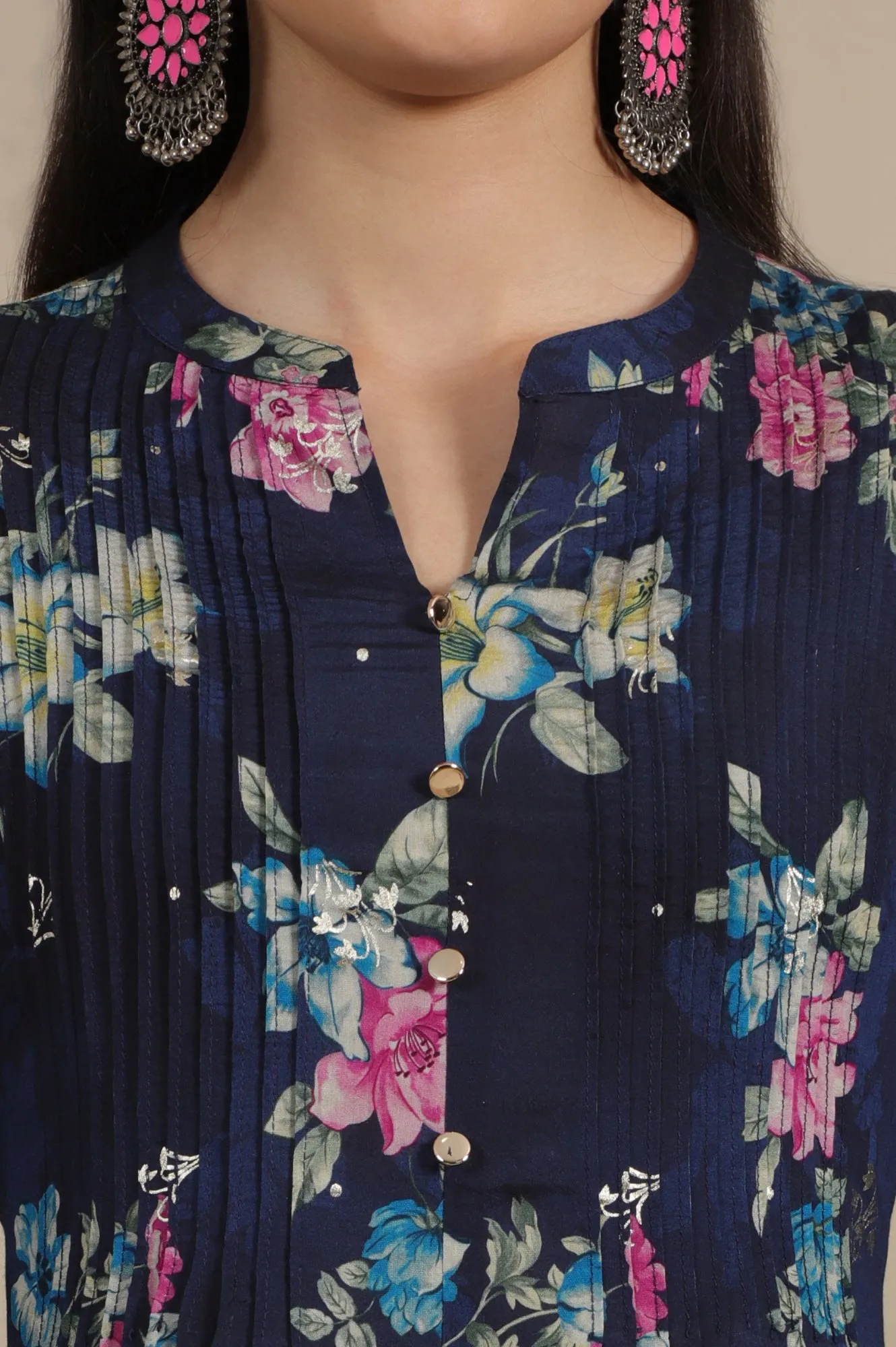 Blue Bold Floral Printed A-line Kurta and Pants Co-ord Set