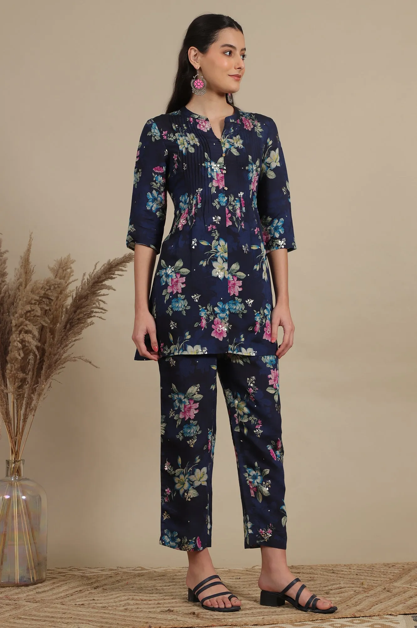 Blue Bold Floral Printed A-line Kurta and Pants Co-ord Set