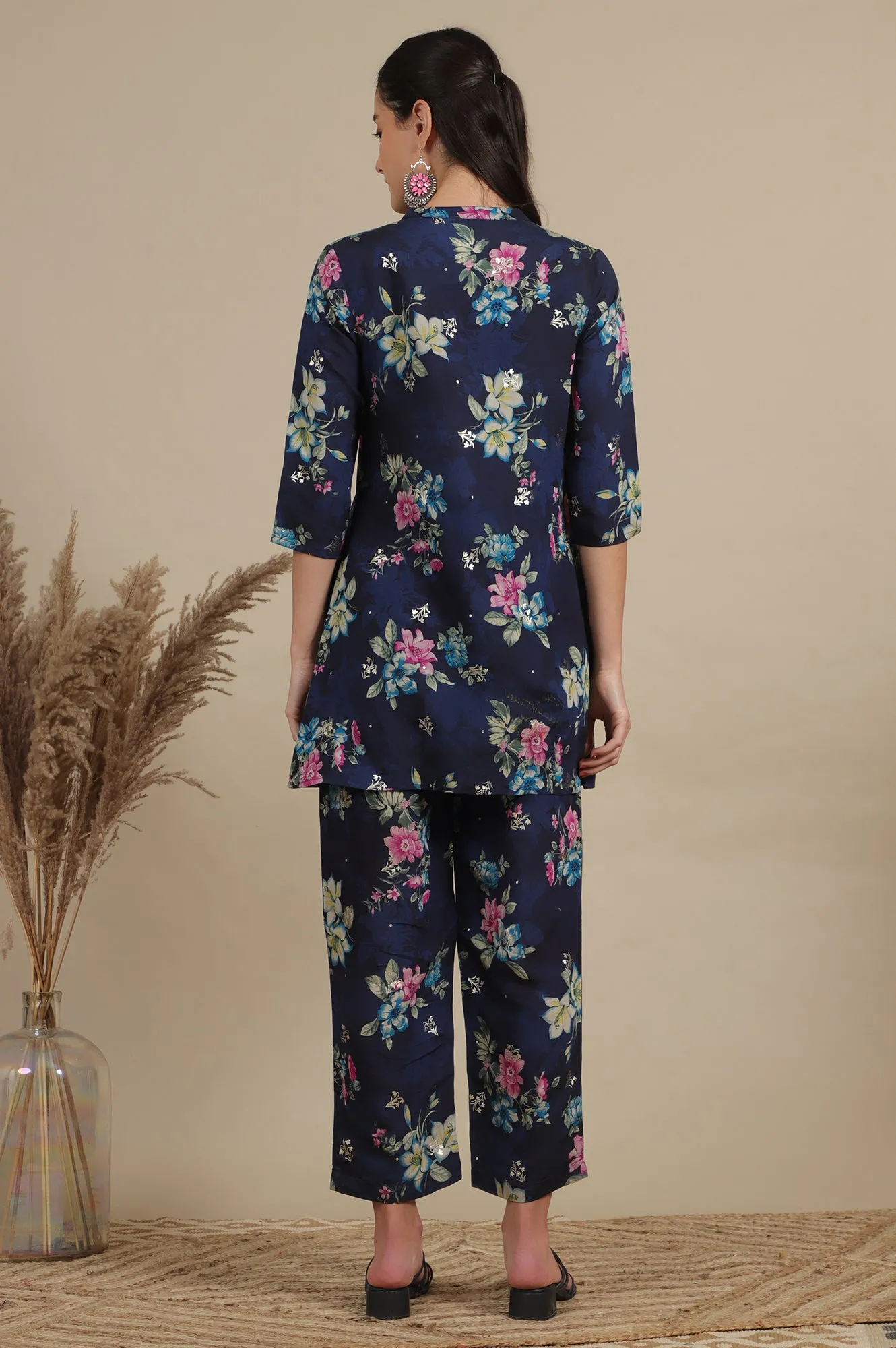 Blue Bold Floral Printed A-line Kurta and Pants Co-ord Set