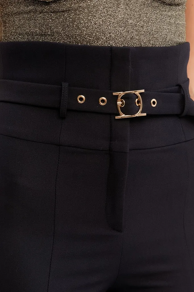 Blue Office Solid Color High Waist Straight Trousers