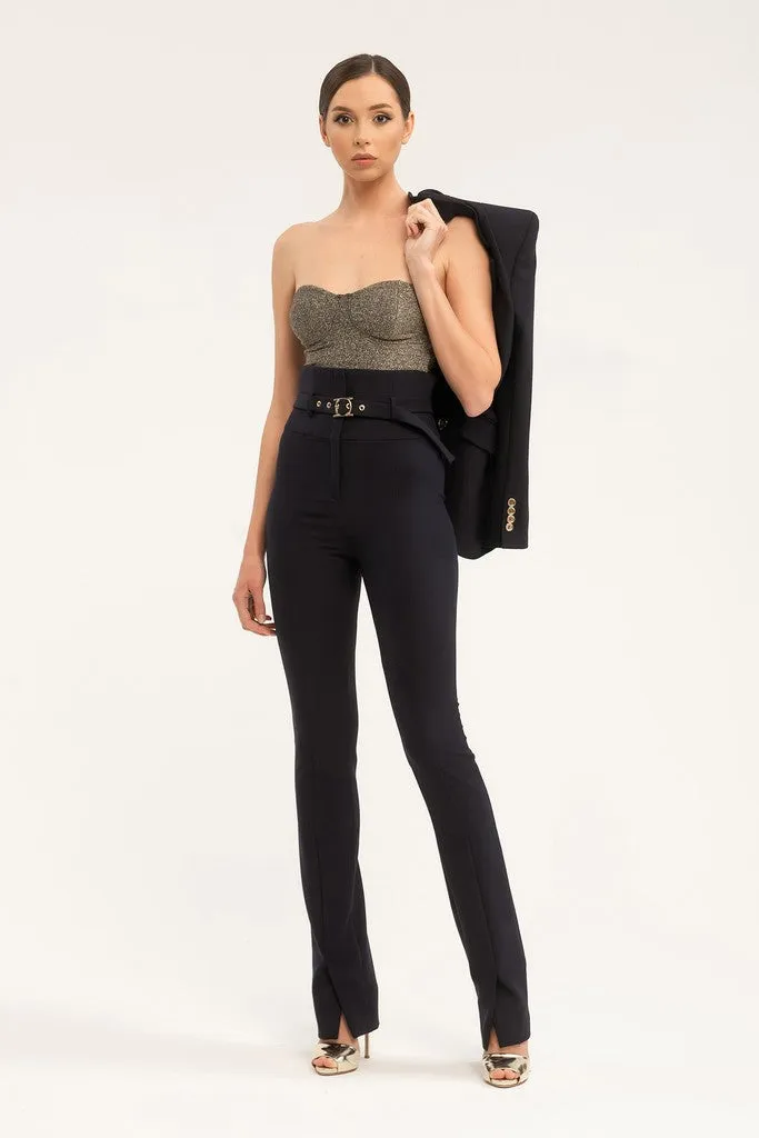 Blue Office Solid Color High Waist Straight Trousers