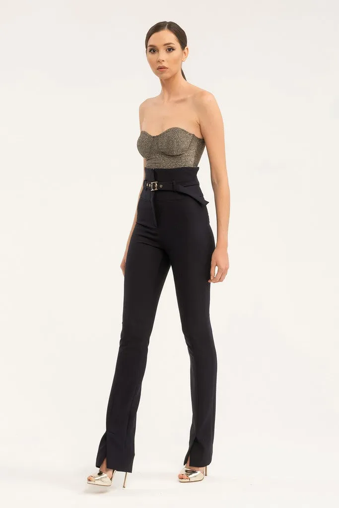 Blue Office Solid Color High Waist Straight Trousers