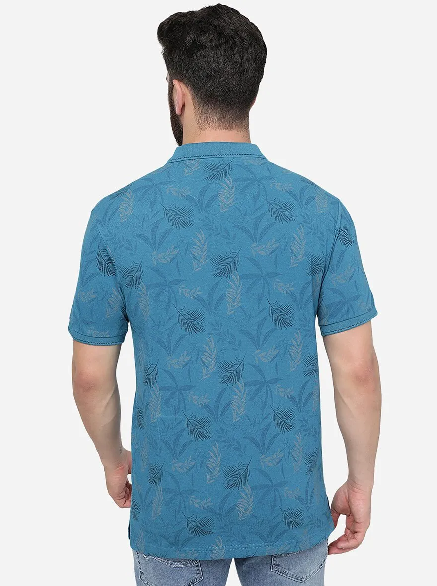 Blue Printed Slim Fit Polo T-Shirt | Greenfibre