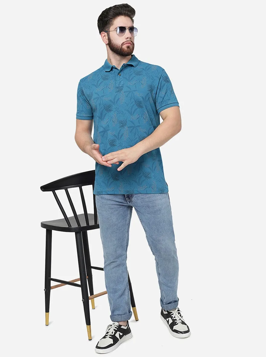 Blue Printed Slim Fit Polo T-Shirt | Greenfibre