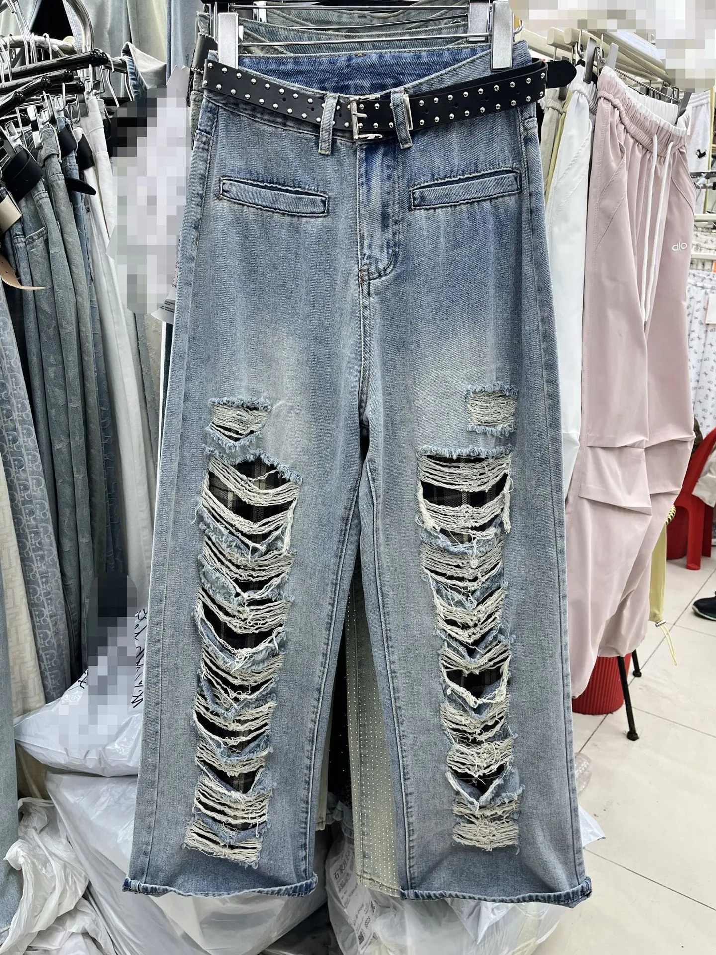 Blue With Holes Design Straight Jeans