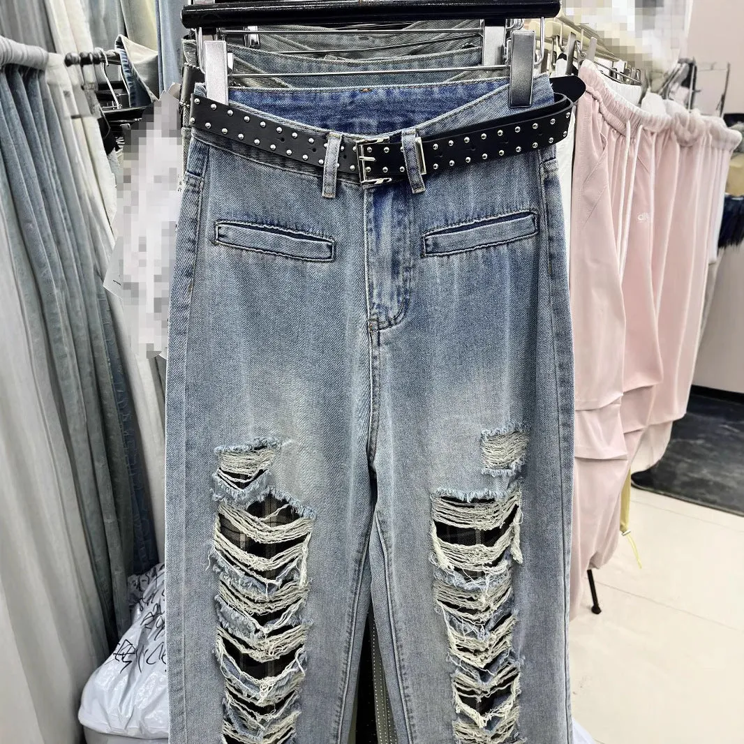 Blue With Holes Design Straight Jeans