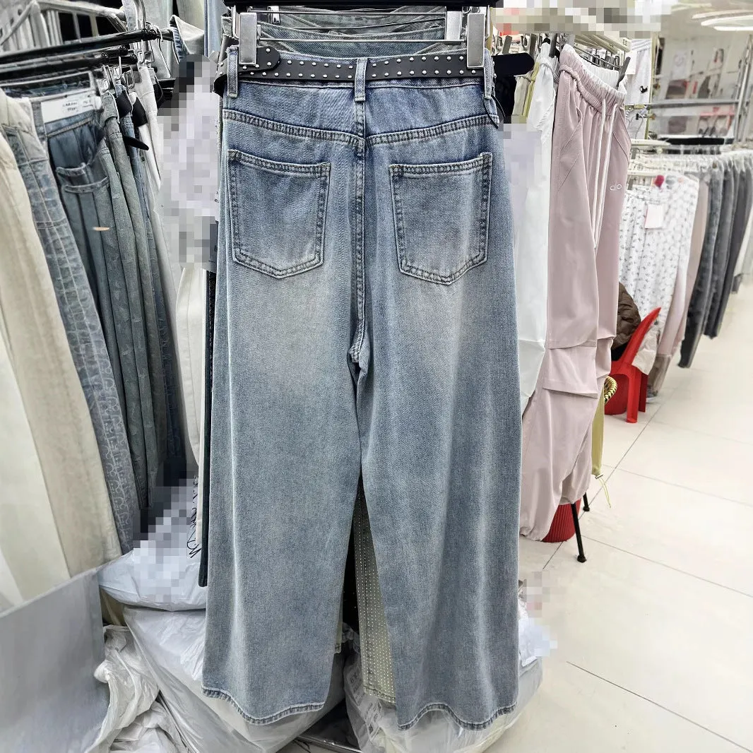 Blue With Holes Design Straight Jeans