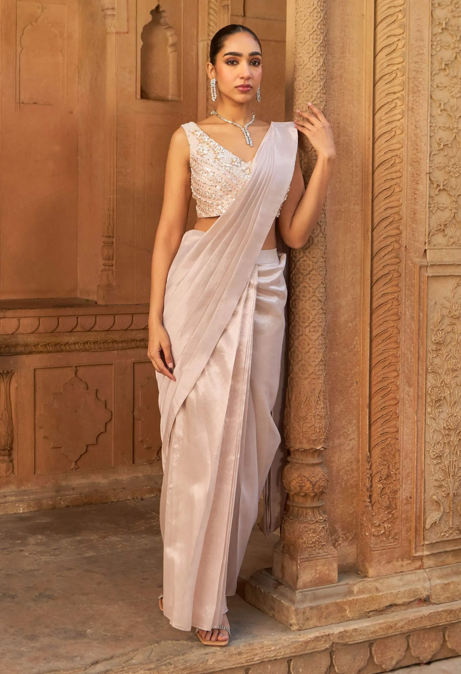 Blush pink jashaa-e-bahaar cape sari set