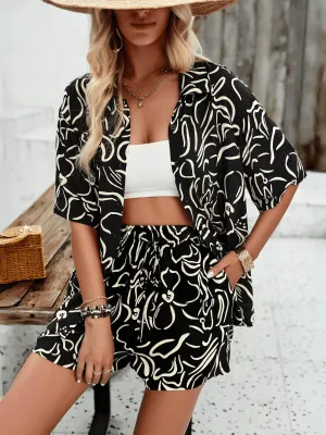Bonnie Printed Short Sleeve Matching Set - Black