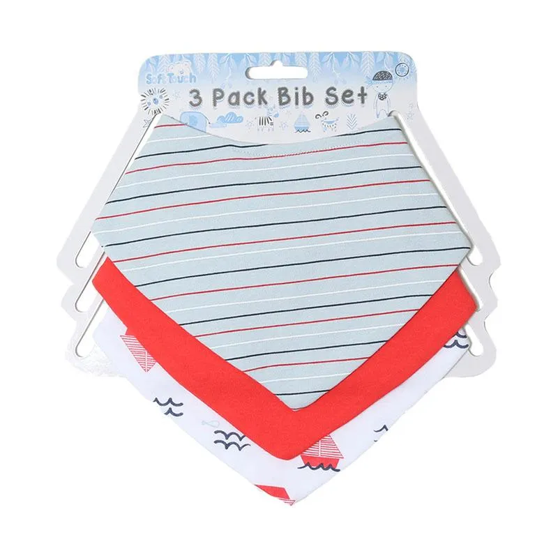 BOYS 3 PACK PLAIN, STRIPES & NAUTICAL BANDANA BIB SET - BB367