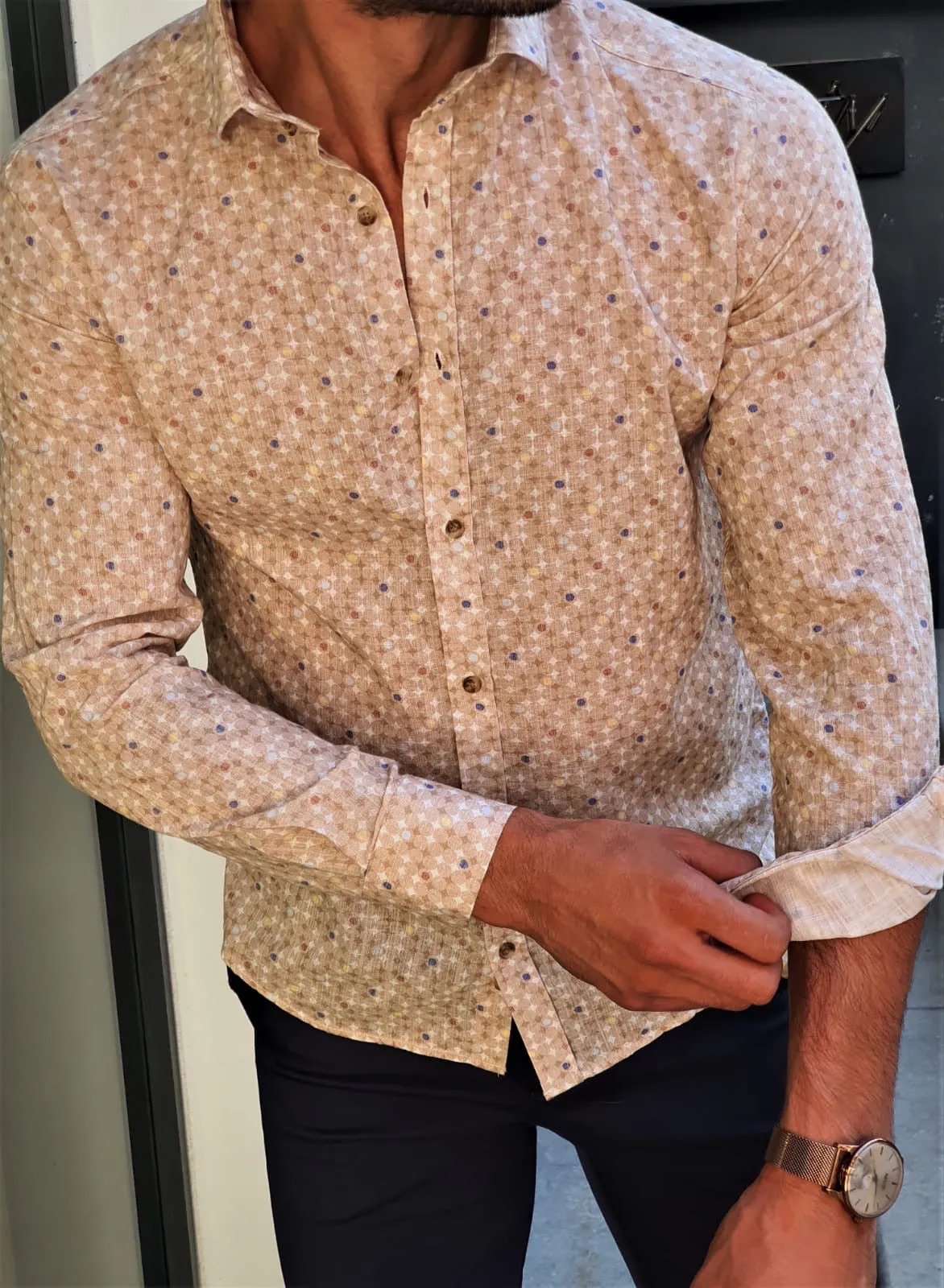 Brabion Stefano Beige Patterned Slim-Fit Cotton Shirt