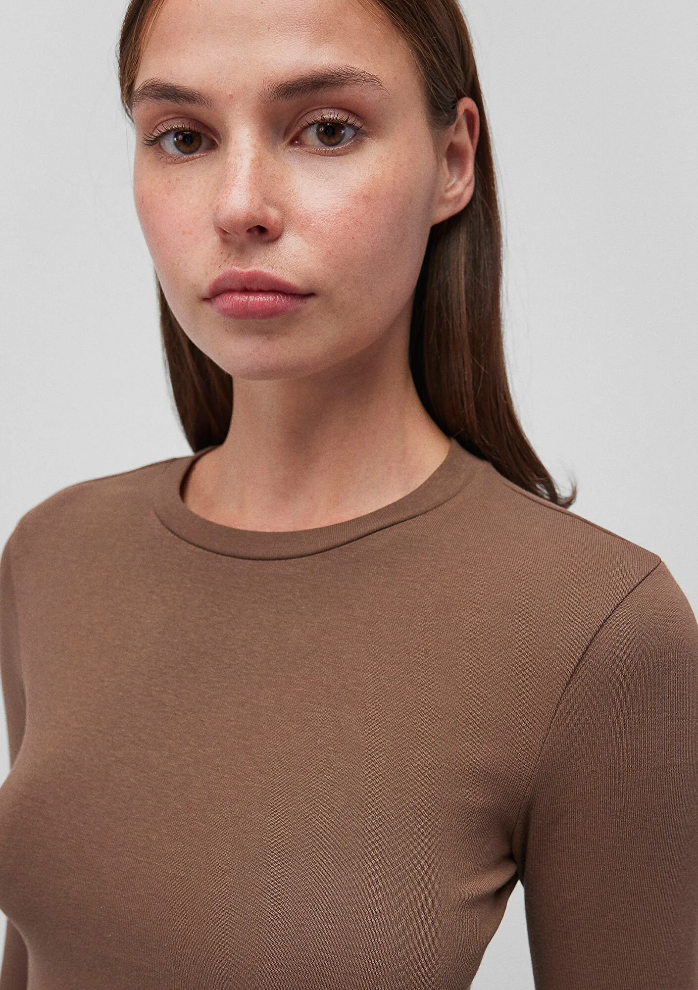 Brown Long Sleeve Crop Basic T-Shirt