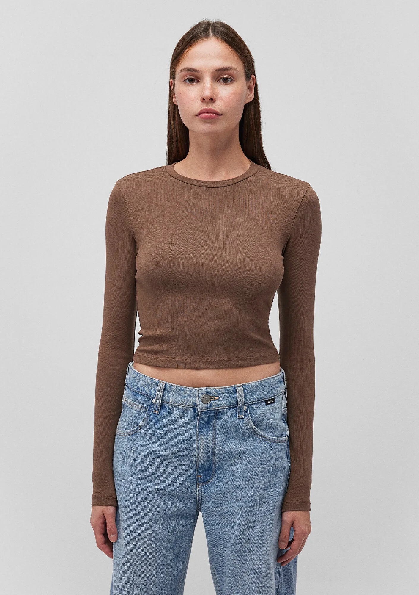 Brown Long Sleeve Crop Basic T-Shirt