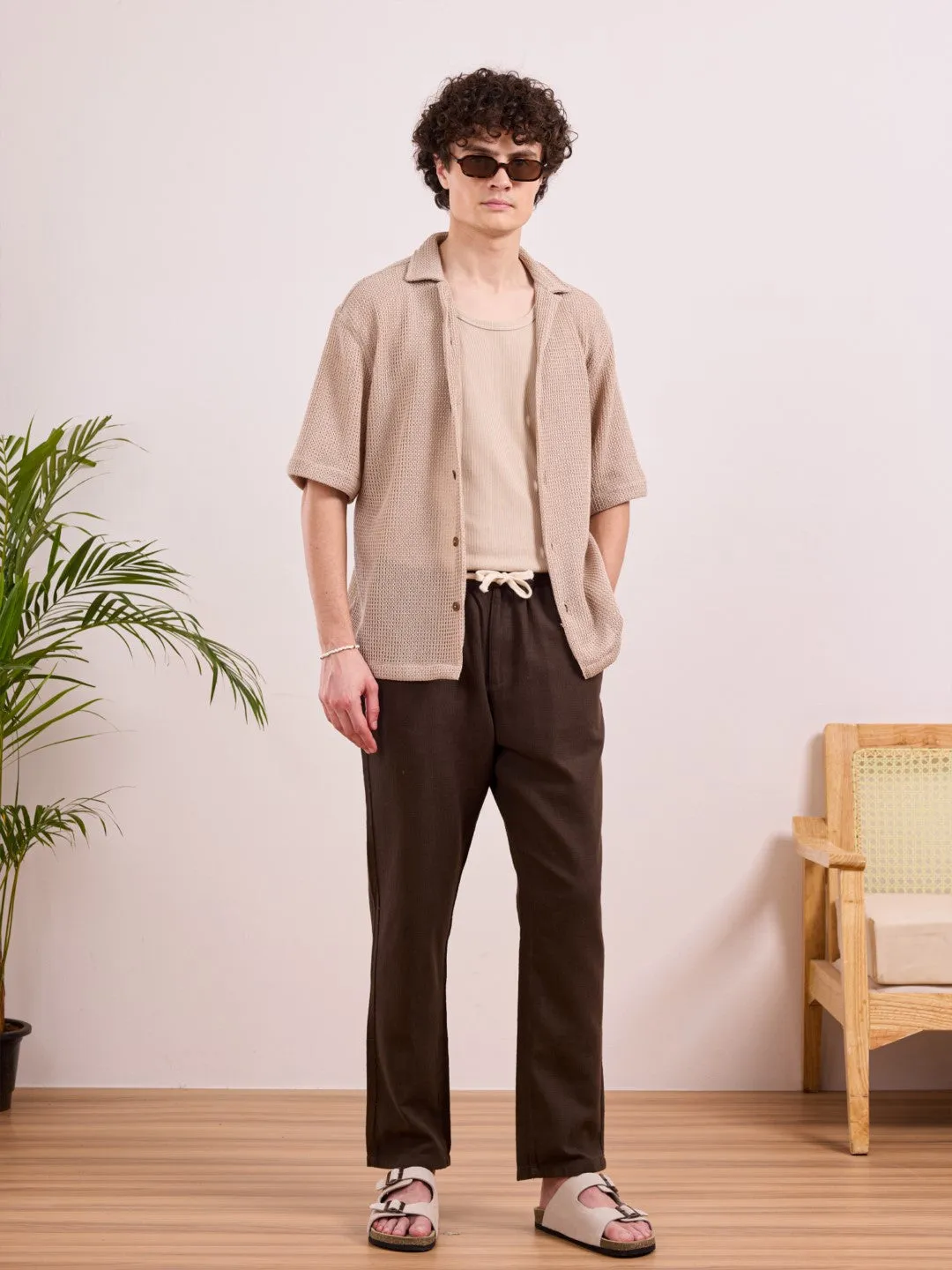 Brown Plain Relaxed Fit Pant
