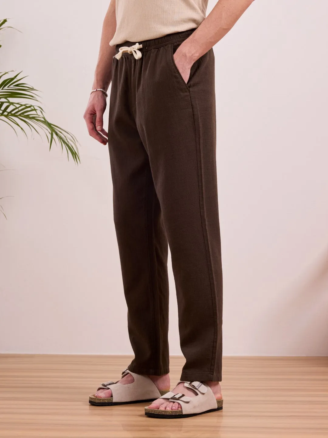 Brown Plain Relaxed Fit Pant