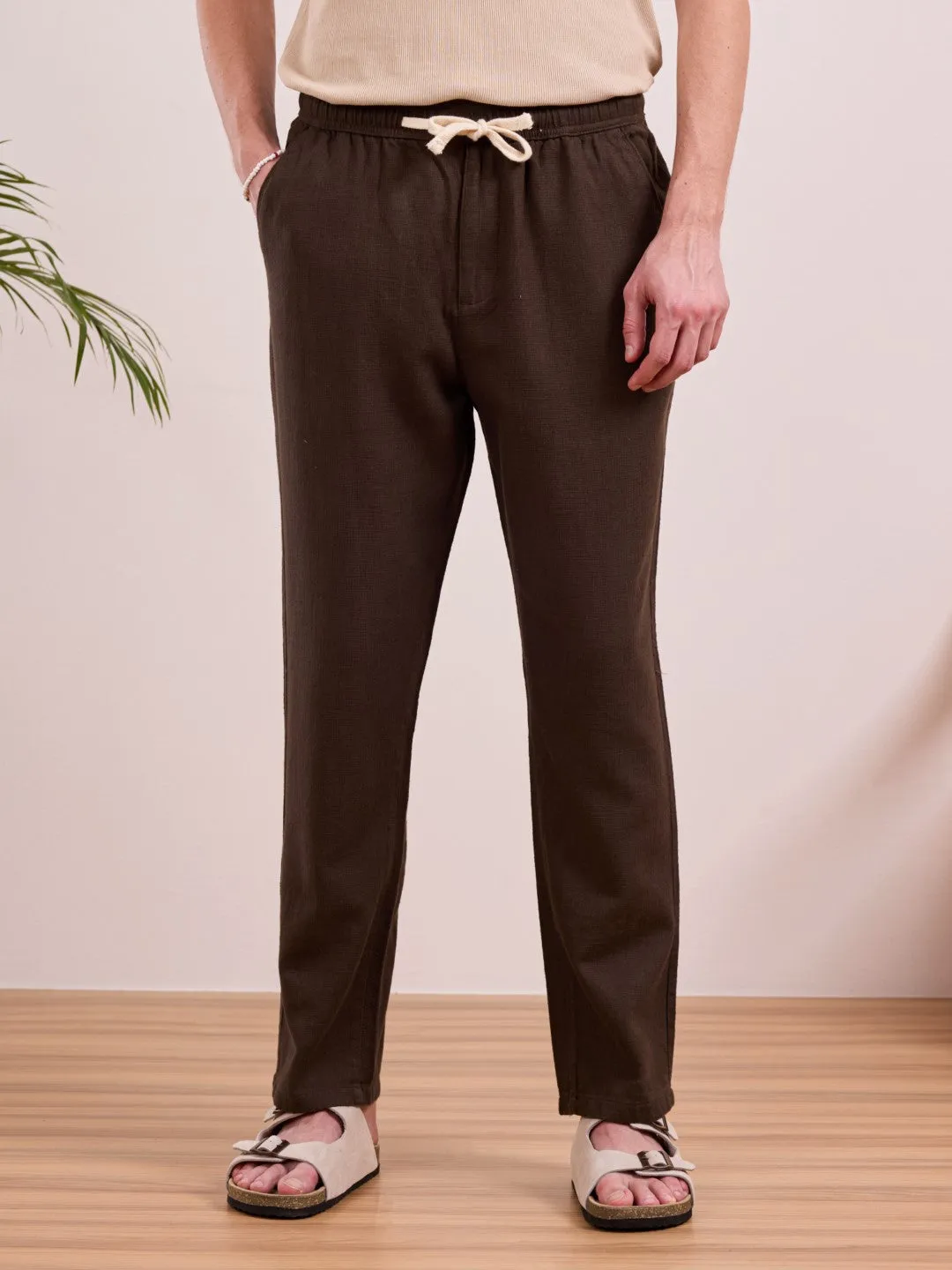 Brown Plain Relaxed Fit Pant