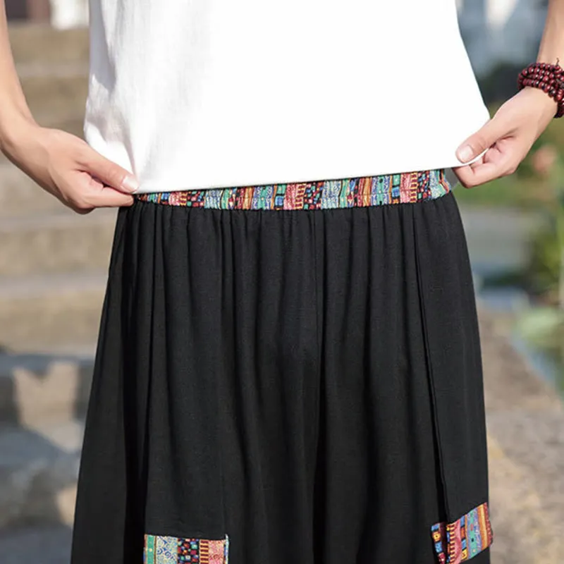 Buddha Stones Summer Ethnic 7-8 Length Cropped Cotton Men's Wide Leg Pants With Pockets