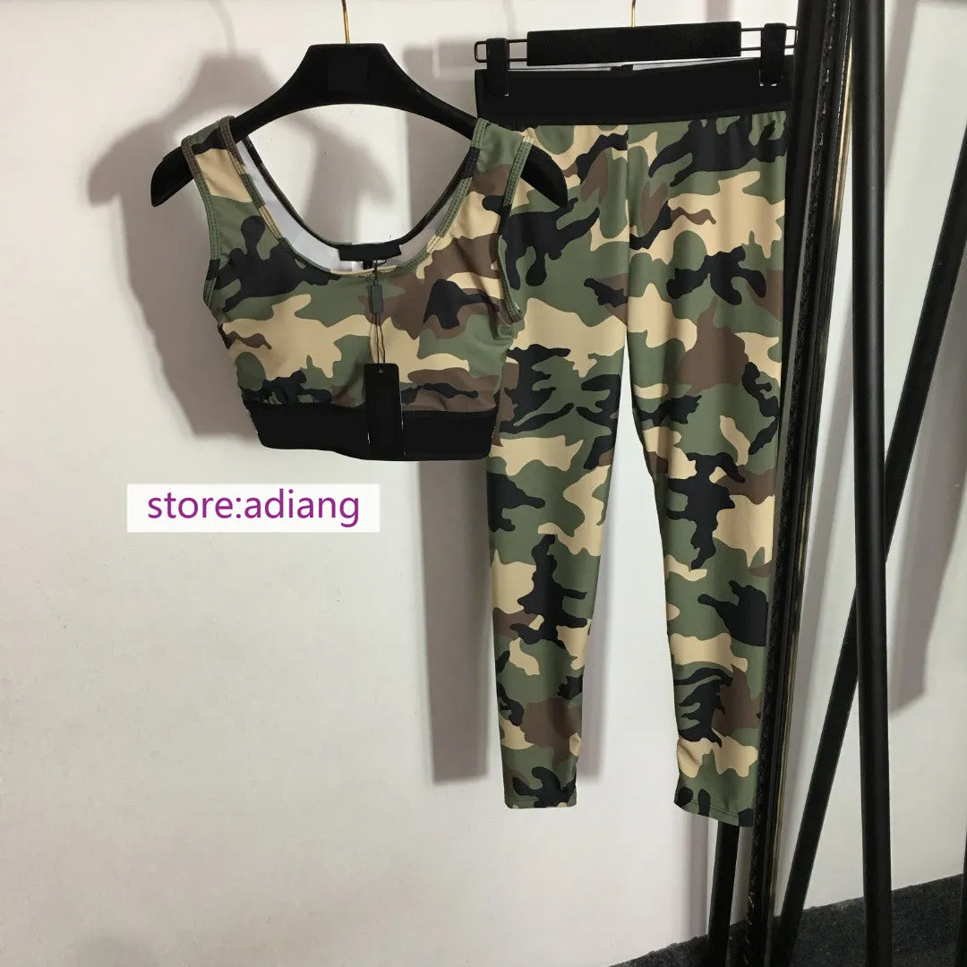 camouflage silm elastic vest tops pants suits sexy cool yoga sets women 2022 new