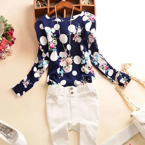 Casual Chiffon Shirts Deep round-Neck Women Blouses Blue White Long Sleeve Solid Tops Plus Size Loose