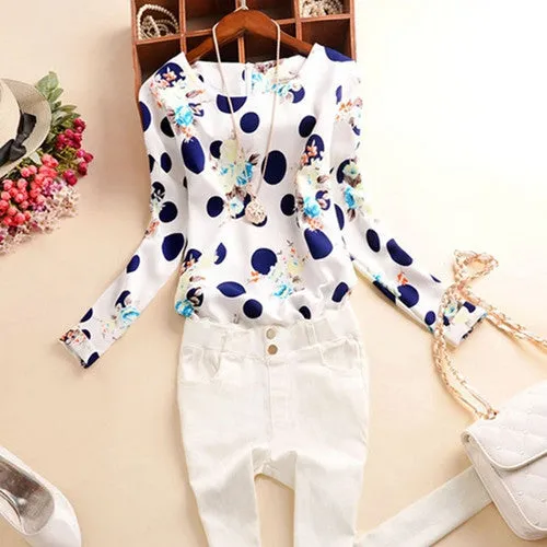 Casual Chiffon Shirts Deep round-Neck Women Blouses Blue White Long Sleeve Solid Tops Plus Size Loose