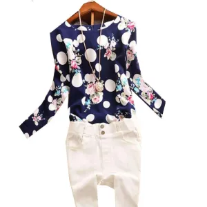 Casual Chiffon Shirts Deep round-Neck Women Blouses Blue White Long Sleeve Solid Tops Plus Size Loose