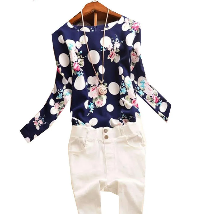 Casual Chiffon Shirts Deep round-Neck Women Blouses Blue White Long Sleeve Solid Tops Plus Size Loose