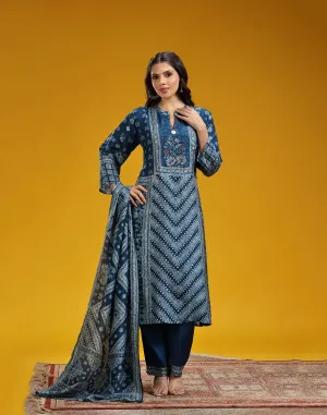 Chevron And Florals Indigo Printed Kurta Set
