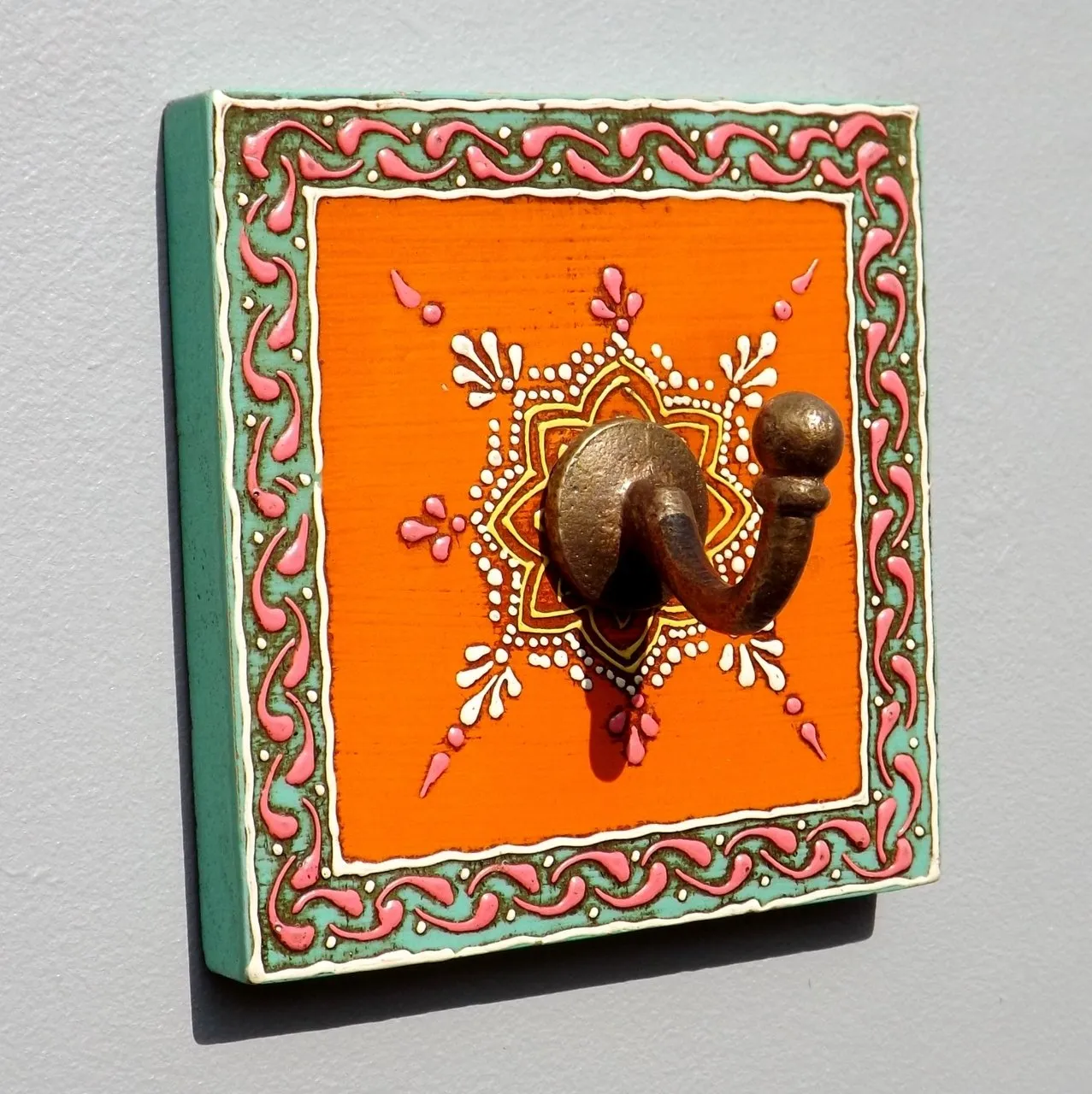 Colourful Hand painted square plaque Coat Hook, Orange Centre