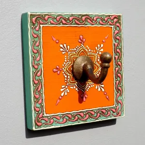 Colourful Hand painted square plaque Coat Hook, Orange Centre