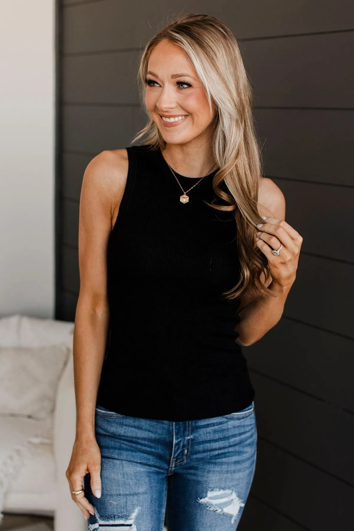 Cool Ambition Ribbed Tank Top- Black