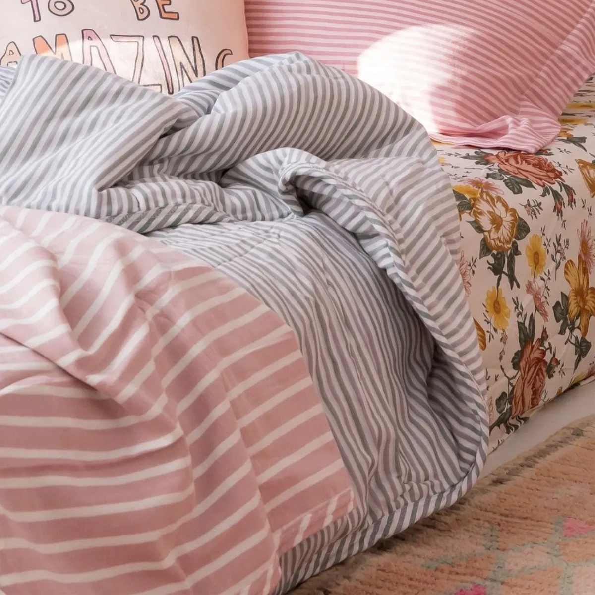 Cotton Comforter Comforter Quilt and Shams - Sage and Grey Stripe