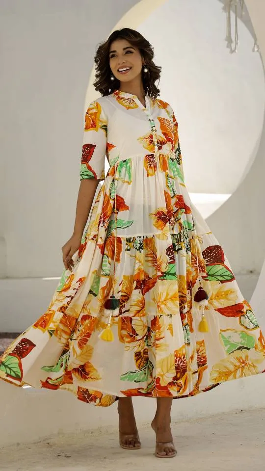 Cream Floral Maxi Dress with Tropical Leaf Patterns