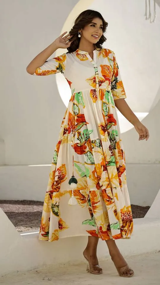 Cream Floral Maxi Dress with Tropical Leaf Patterns