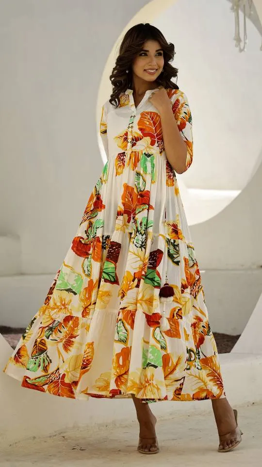 Cream Floral Maxi Dress with Tropical Leaf Patterns