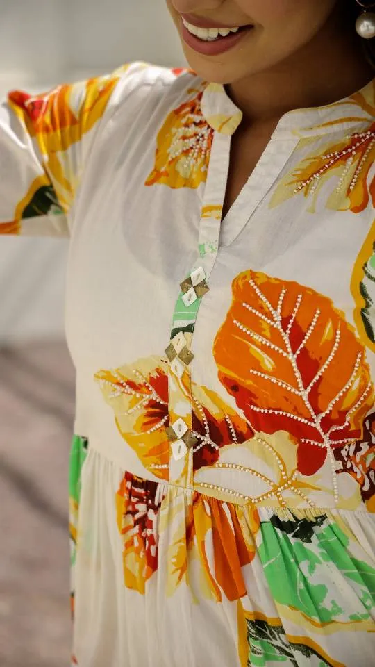 Cream Floral Maxi Dress with Tropical Leaf Patterns