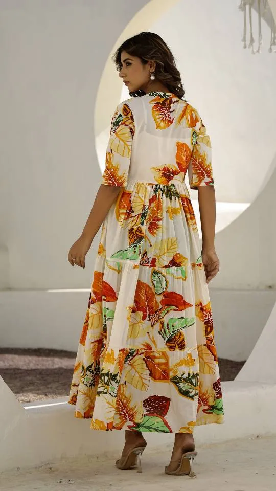 Cream Floral Maxi Dress with Tropical Leaf Patterns