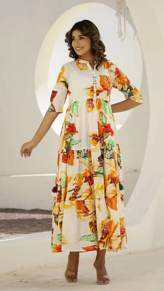 Cream Floral Maxi Dress with Tropical Leaf Patterns