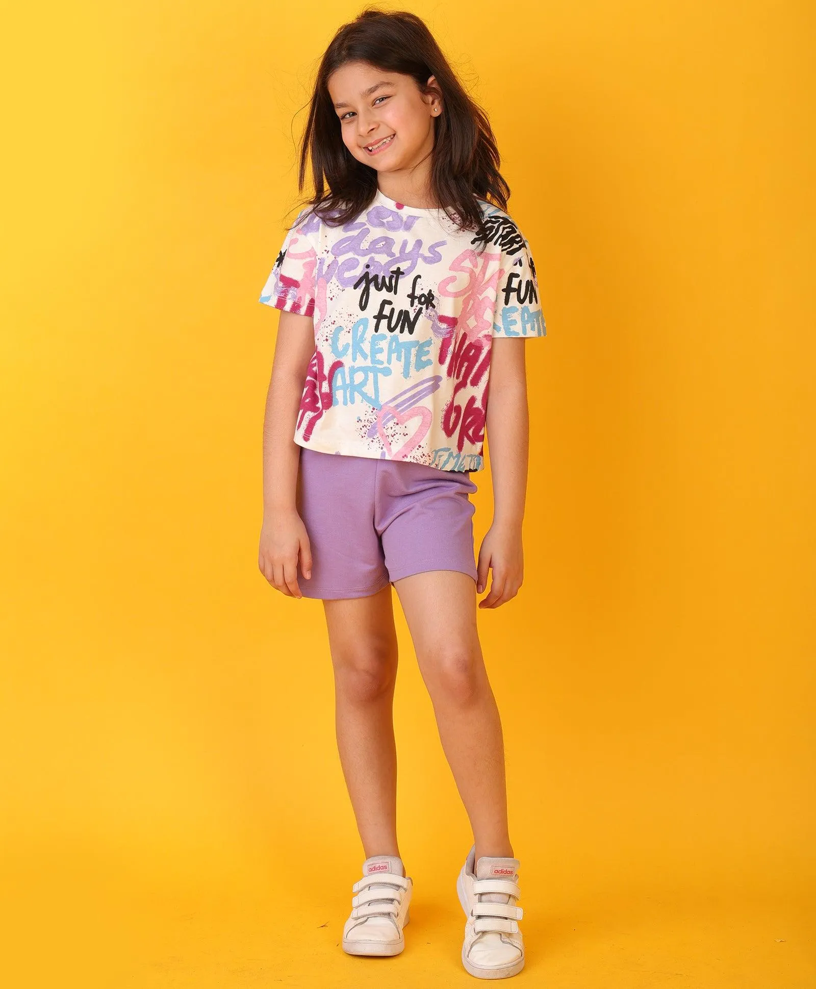 CREATE ART PURPLE GIRLS SHORTS SET - WHITE/PURPLE