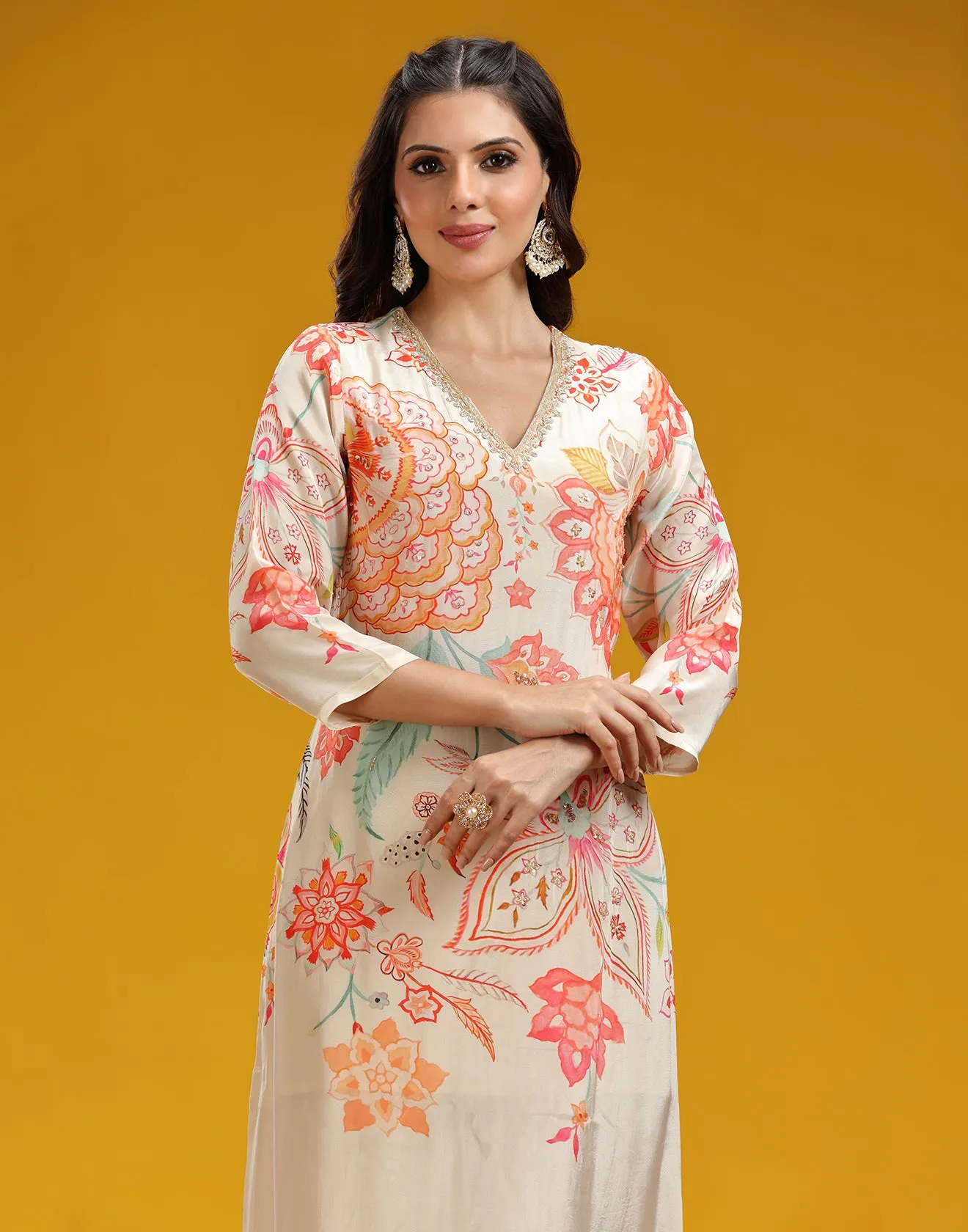 Cremé Beige Mandala Printed Crepe Kurta Set