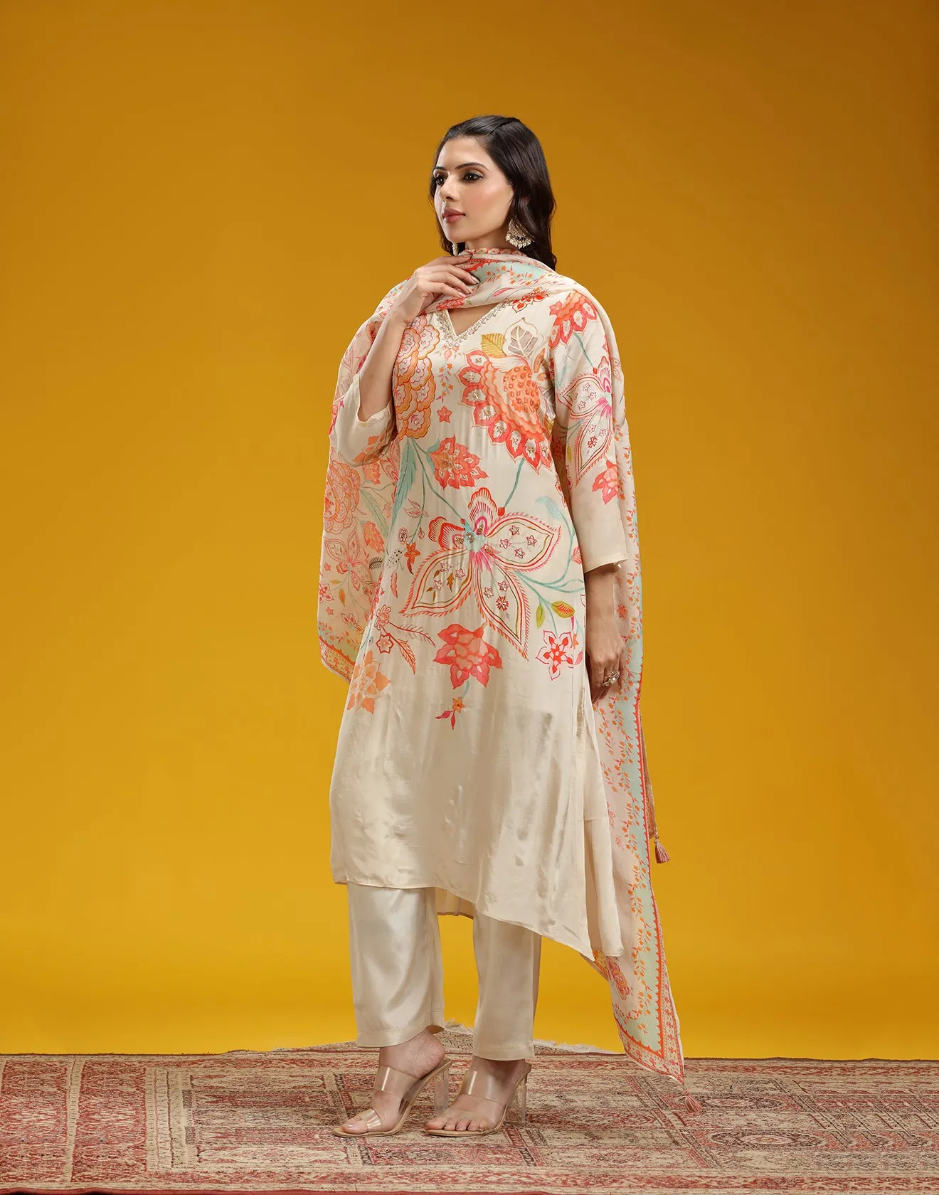 Cremé Beige Mandala Printed Crepe Kurta Set
